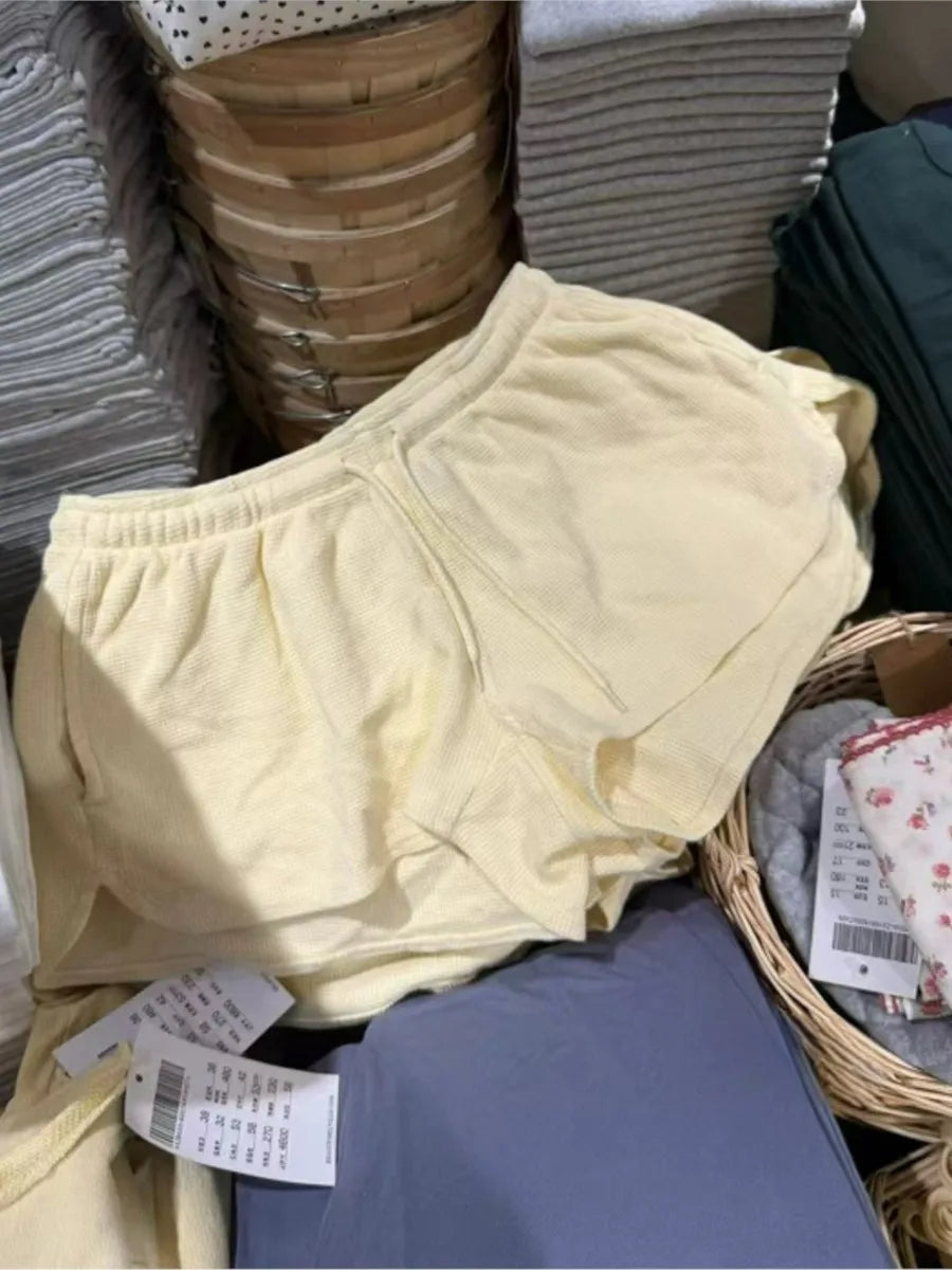Yellow Waffle Loose Shorts Women Summer New Casual Drawstring Elastic High Waist Sports Short Sweet CutePreppy Style Short Pants