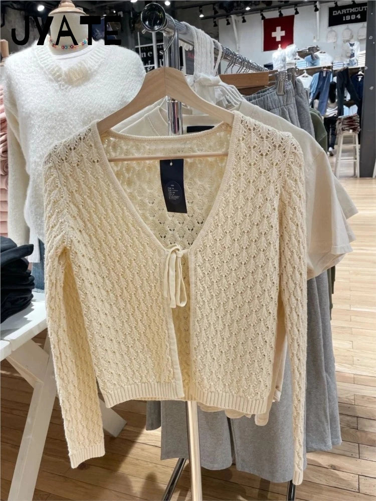 New Hollow Out Lace-up Long Sleeve T-shirt Cardigan Women Casual V-neck Solid Cotton Slim Smock Simple Sweet Basic Tee Y2K Tops