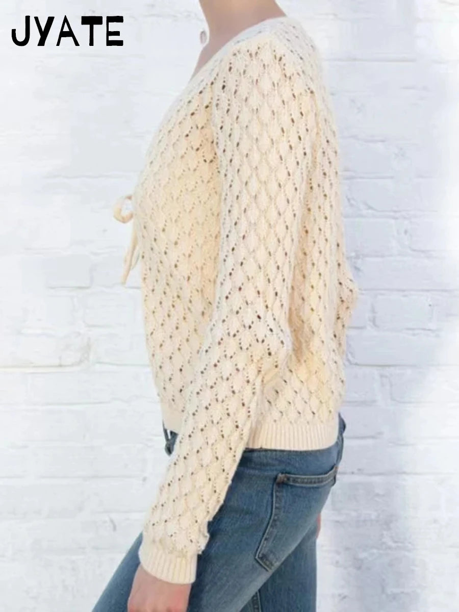 Lace-up V-neck Knitted T-shirts Women Spring New Casual Cotton Solid Hollow Out Long Sleeve Tee Vintage Sweet Cute Crop Tops Y2K