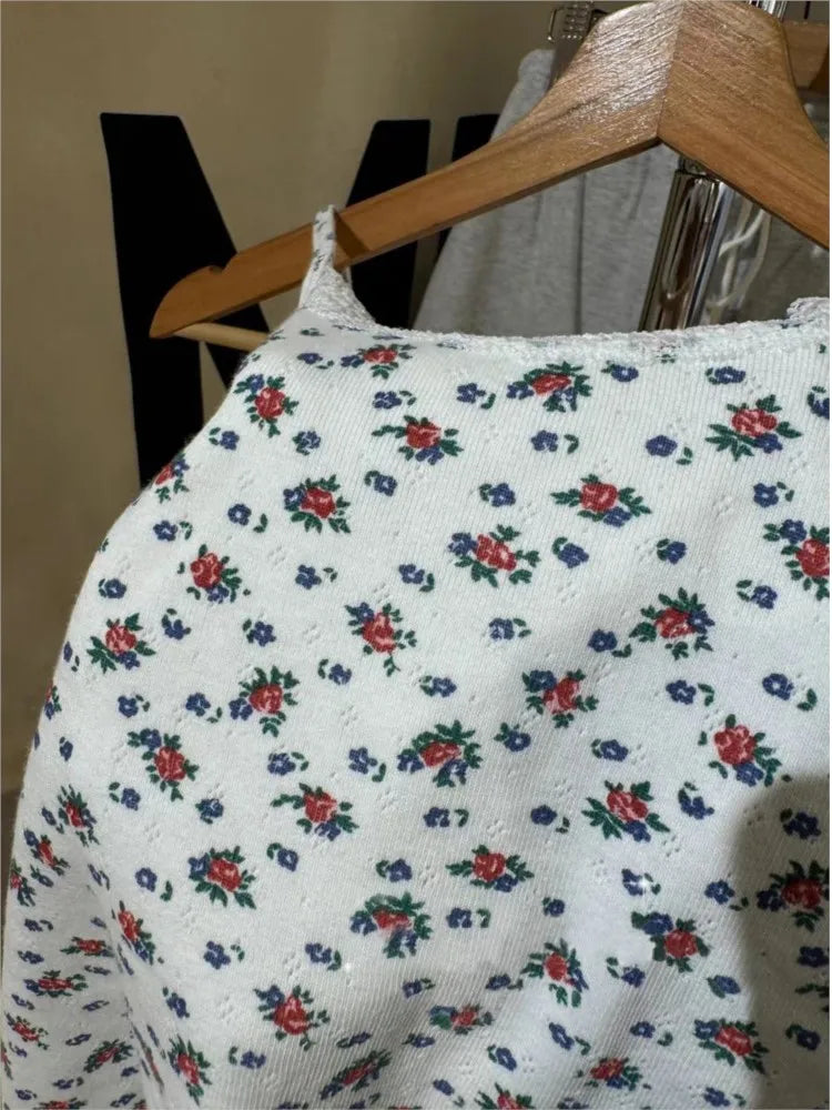 Sweet Red Floral Eyelet Slim Tank Top Women Spring Lace Trim Sleeveless Cotton Crop Tops Casual Cute Preppy Style Y2K Camis New