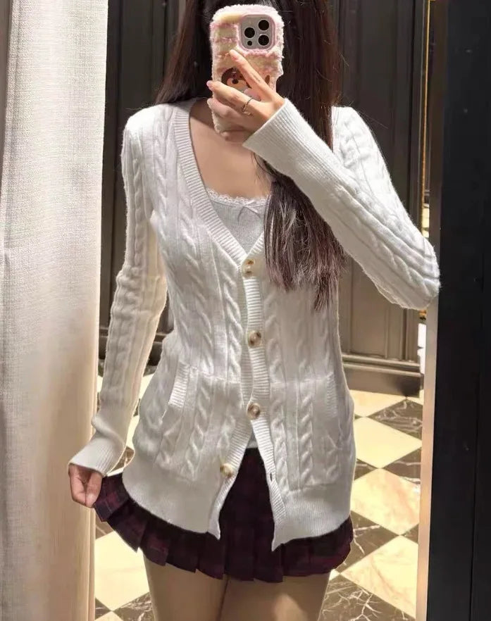 Cable Knit V-neck Cardigan Women Spring Simple Basic Casual Cotton V-neck Slim Jumper Sweet Chic Long Knitted Tops