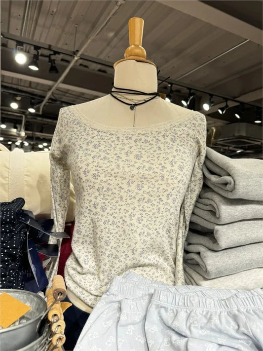 Sweet Floral Lace Trim Long Sleeve T-shirt Women Autumn Sexy Scoop Neck Cotton Slim Tees Vintage Streetwear Chic Tshirt Y2K Tops
