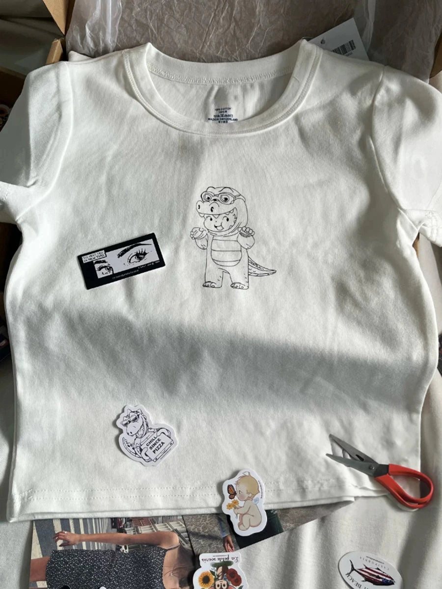 Cute Cartoon Angel Print White Crop Tops Women Casual Simple O-neck Slim Cotton Short Sleeve Tees Female Sweet Vintage Chic Y2K