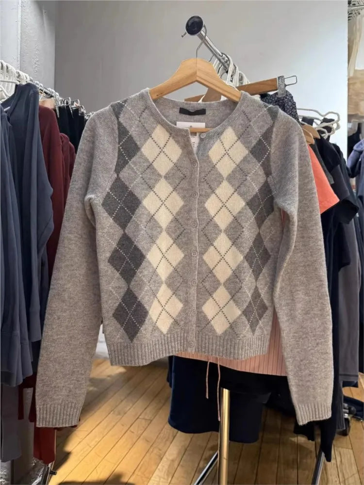 Vintage Plaid Knitted V-neck Cardigan Women New Cotton Slim Gray Streetwear Patchwork Sweater Coat Harajuku Chic Y2K Jumper Tops