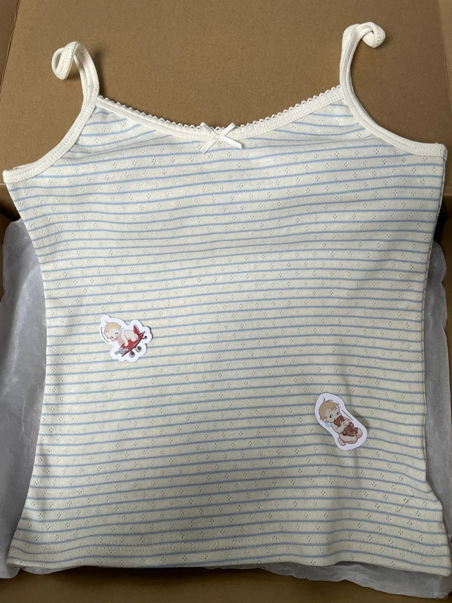 Blue Striped Eyelet Tank Tops Women Summer Y2K Cotton Soft Bow Lace Trim Sleeveless Vests Sweet Cute Preppy Style Camisole New