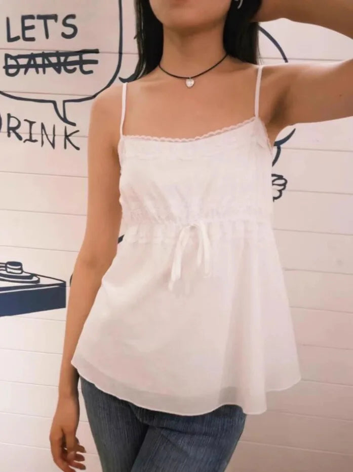 Sweet White Lace Trim Tank Tops Women Summer New Casual V-neck Lace-up Sleeveless Camisole Female Cute Preppy Style Vest Y2K Top
