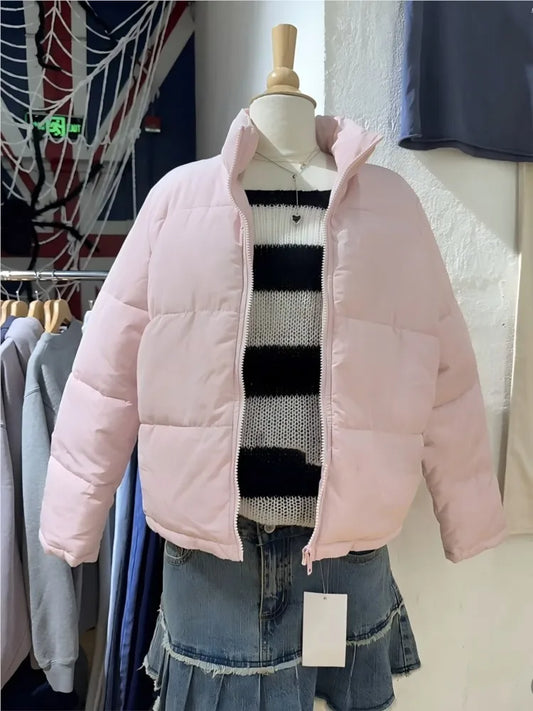Sweet Pink Hooded Cotton Jacket for Women Winter Slim Stand Collar Warm Cotton Versatile Simple Chic Preppy Style Coat Y2K Tops