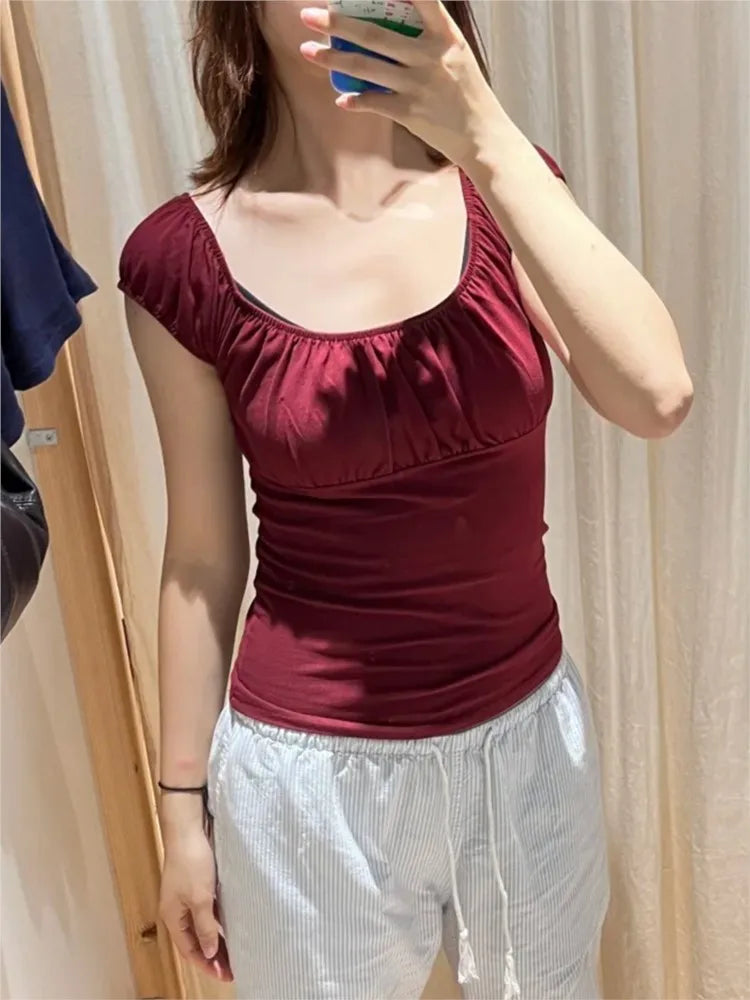 Burgundy Mesh Folds Short Sleeve Tee Women Summer Square Collar Cotton Ruffle Slim T-shirts Female Sweet Aesthetic Cute Y2K Tops