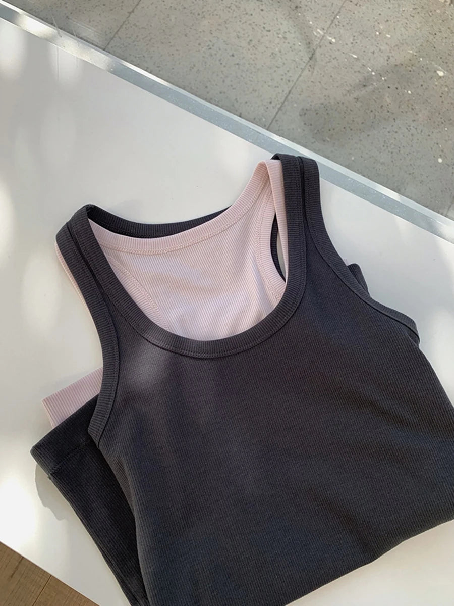 Solid U-neck Slim Sleeve Tank Tops Women Summer Casual Simple Ribbed Cotton Vests Girl Sweet Basic Y2K Preppy Style Camisole New