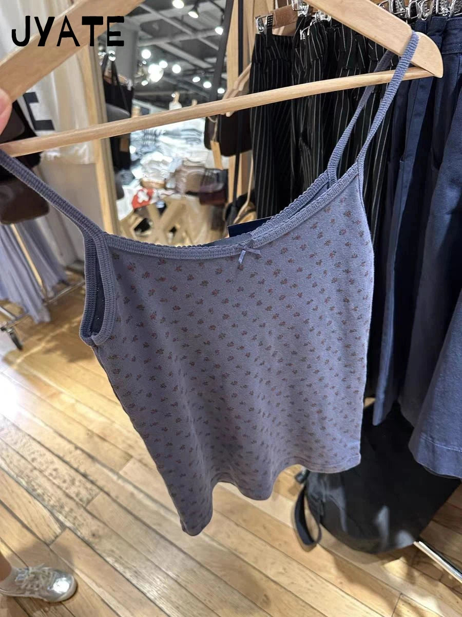 Navy Floral Print Bow Tank Tops Women Summer New Casual Cotton Cute Slim Sleeveless Vests Vintage Chic Preppy Style Camisole Y2K