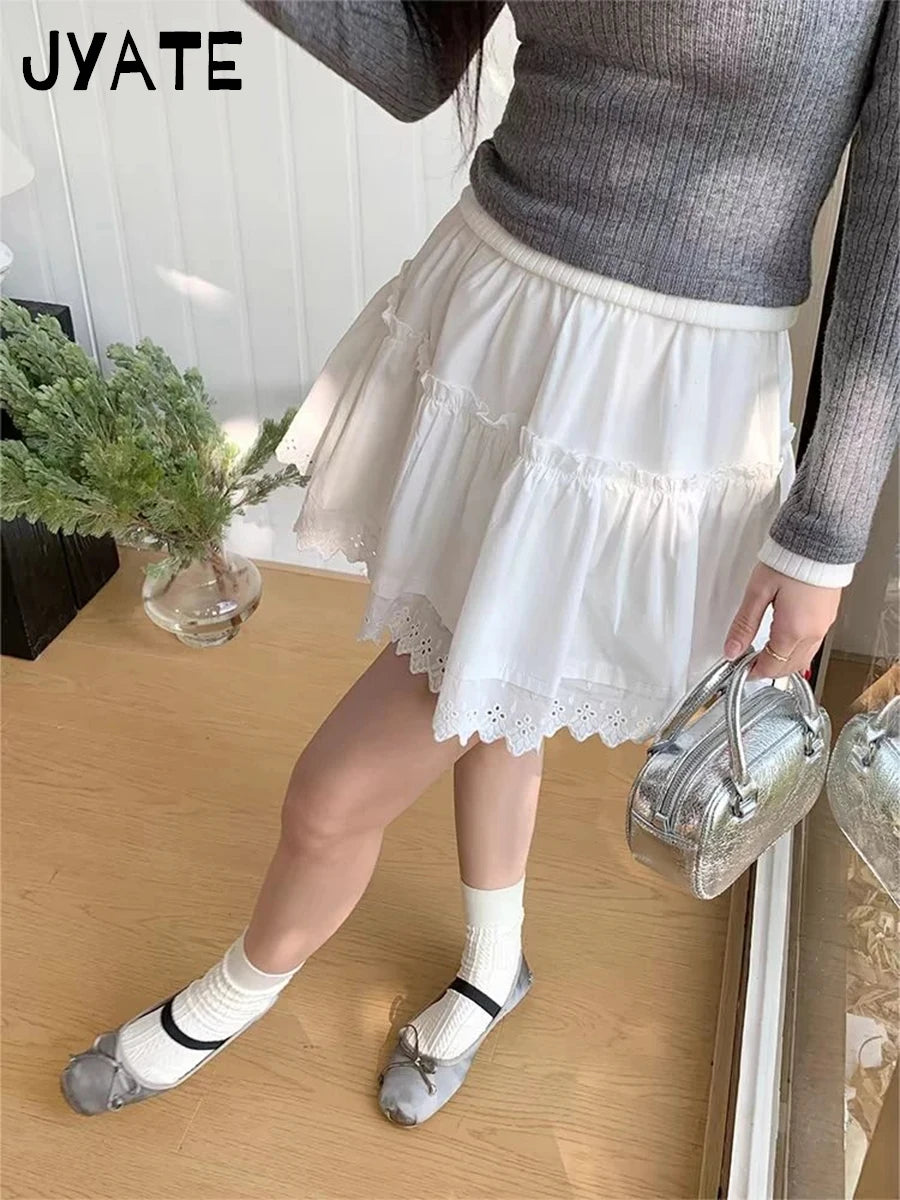 Sweet White Lace Trim Mini Skirts Women Summer Cotton High Waist Folds Texture Short Faldas Cute Preppy Style Y2K A-line Skirt