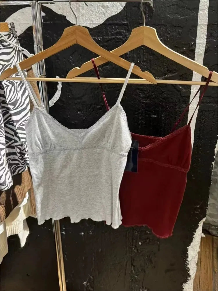 Lace Trim V-neck Camisole Women Summer Casual Slim Cotton Soft Cropped Sleeveless Vests Female Vintage Sweet Chic Tank Tops Y2K