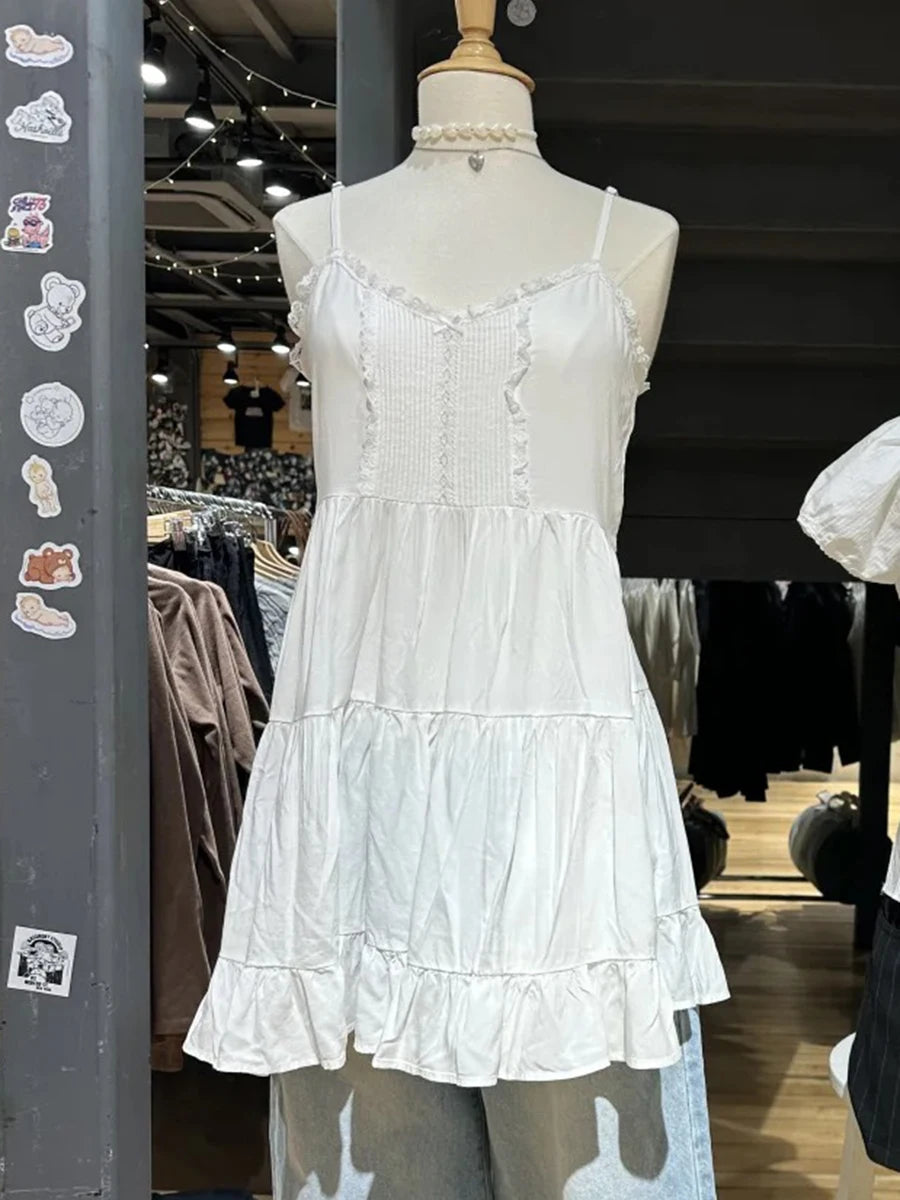 Lace Trim White A-line Dress Women New Elastic Waist V-neck Sleeveless Mini Dresses Vintage Preppy Style Sweet Short Vestido Y2K