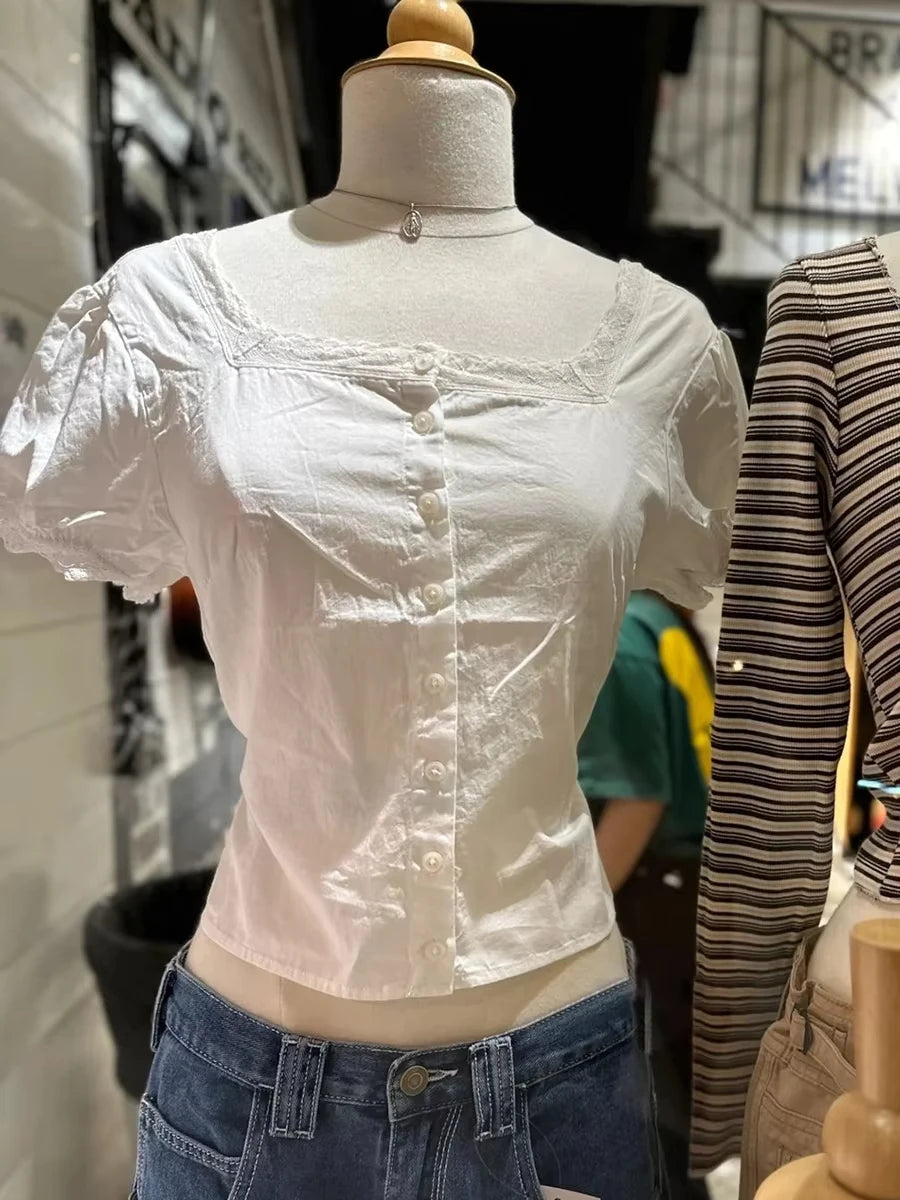 White Lace Trim Buttons Short Sleeve Tee Women Cotton Casual V-neck Preppy Style Tops Sweet Vintage Chic Cute T-shirts
