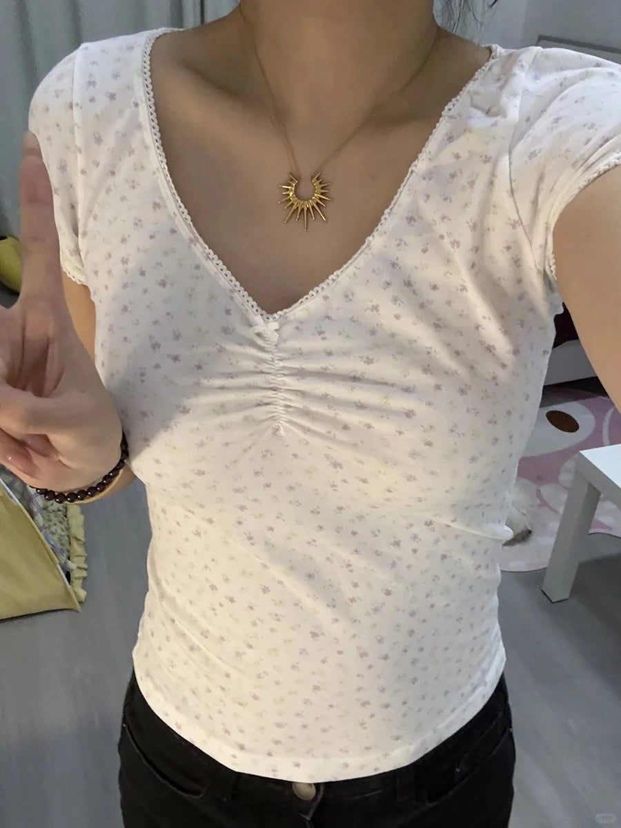 Floral Print Slim V-neck T-shirts Women Bow Sexy Folds Lace Trim Cotton Short Sleeve Tee Shirt Sweet Preppy Style Solid Crop Top