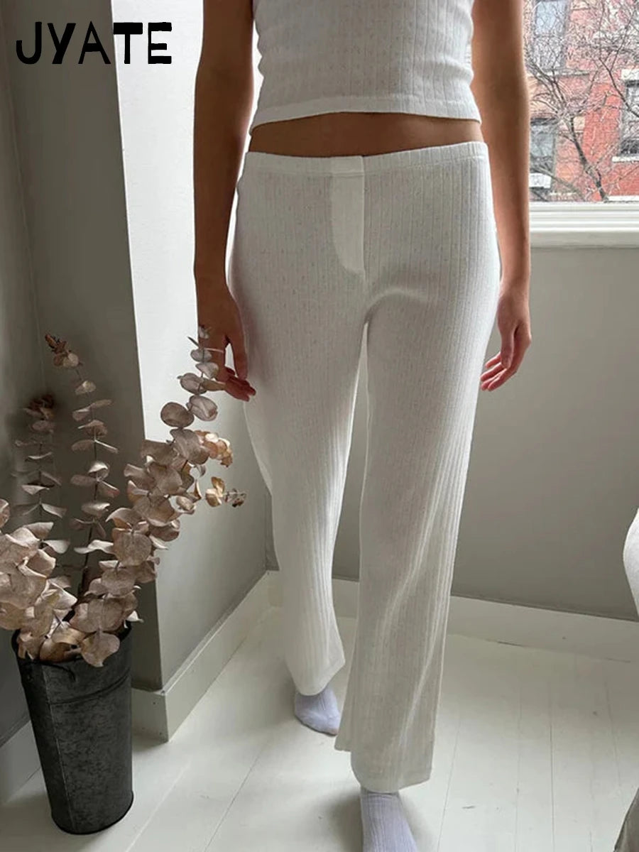 White Eyelet Straight Long Pants Women 2024 New Cotton Soft Casual Button High Waist Trousers Sweet Cute Vintage Pajama Pant Y2K