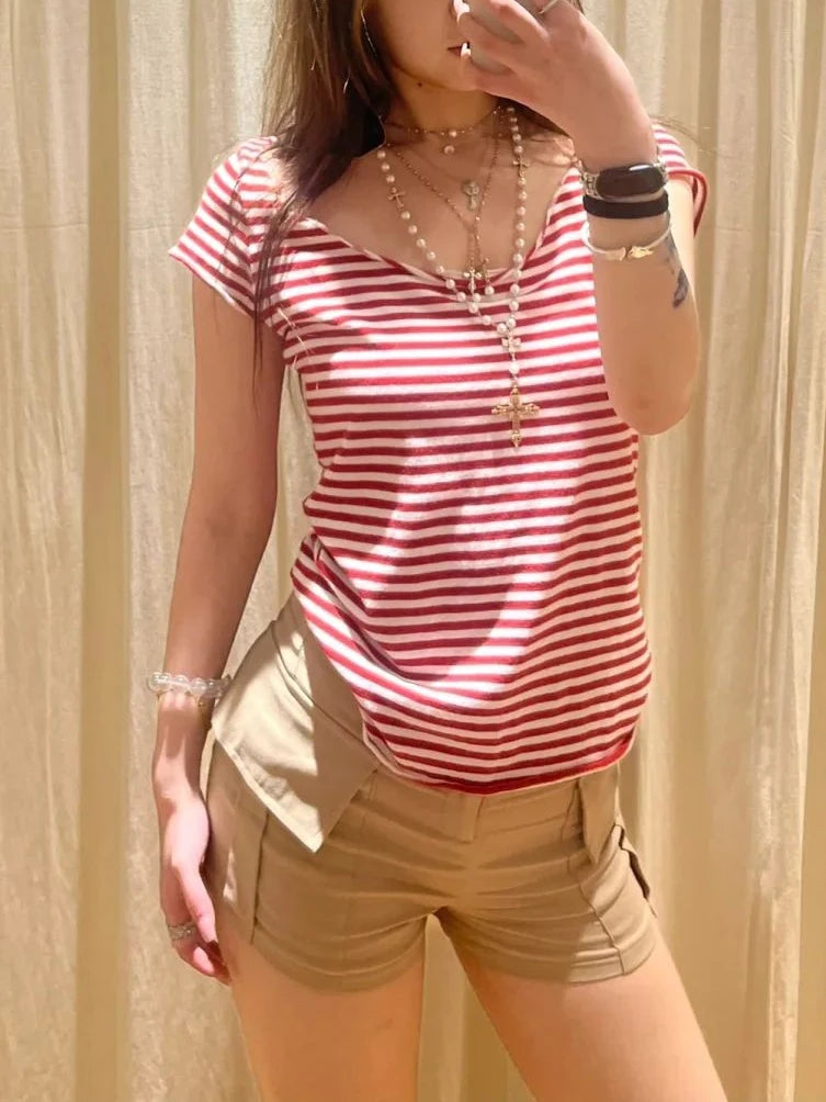 Red Striped T-shirt Women Sexy Slash Neck Raw Hem Slim Cotton Short Sleeve Tee Shirts Female Summer Vintage Tshirt Y2K Tops New