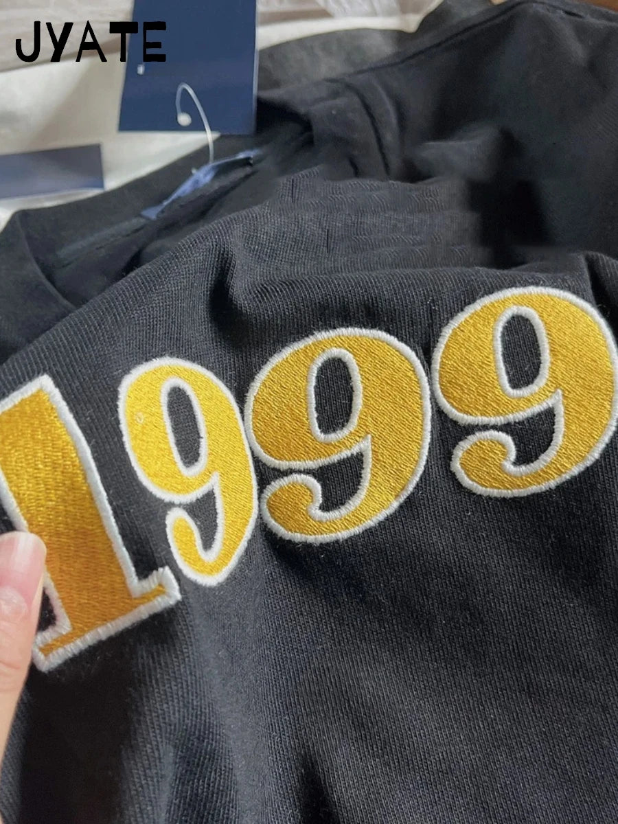 Classic Number Embroidery Loose Long Sleeve Tee Women O-neck Cotton Casual Simple Tops Clothes Harajuku Street Chic T-shirts Y2K