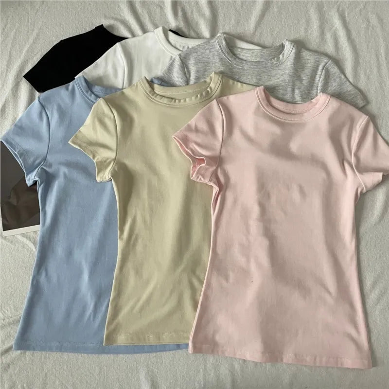 Pink O-neck Cotton T-shirts Women Summer New Streetwear Casual Basic Slim Short Sleeve Tees Simple All-match Tshirt Y2K Tops