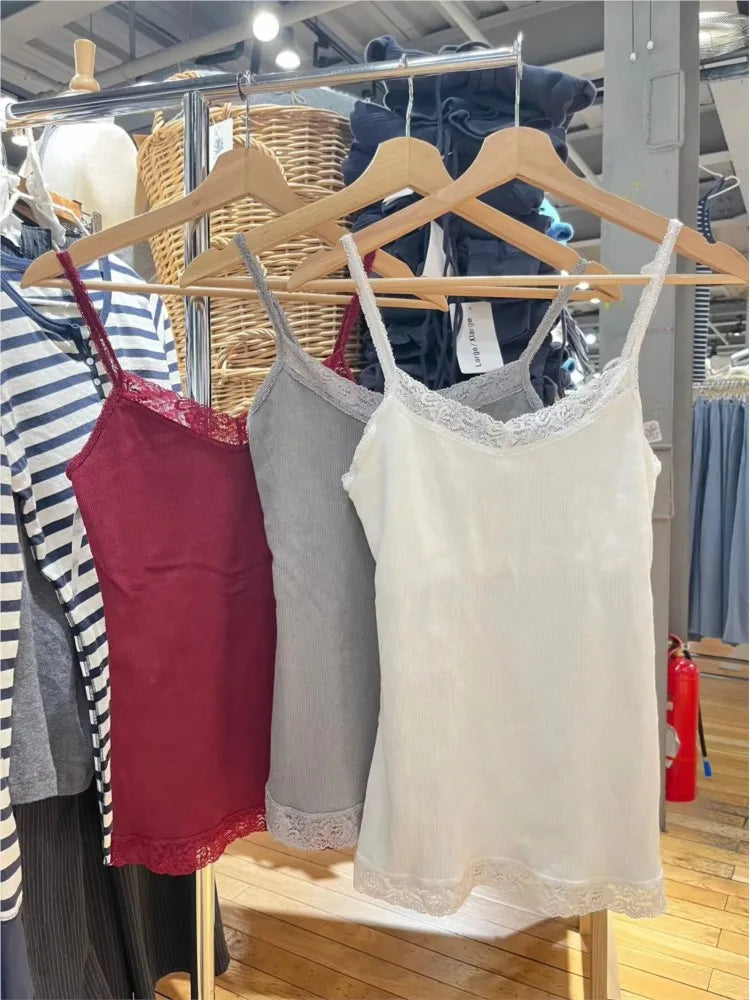 Ribbed Lace Trim Slim Tank Top Women Summer Solid Cute V-neck Cotton Camisole Female Casual Simple All-match Basic Vest Y2k Tops