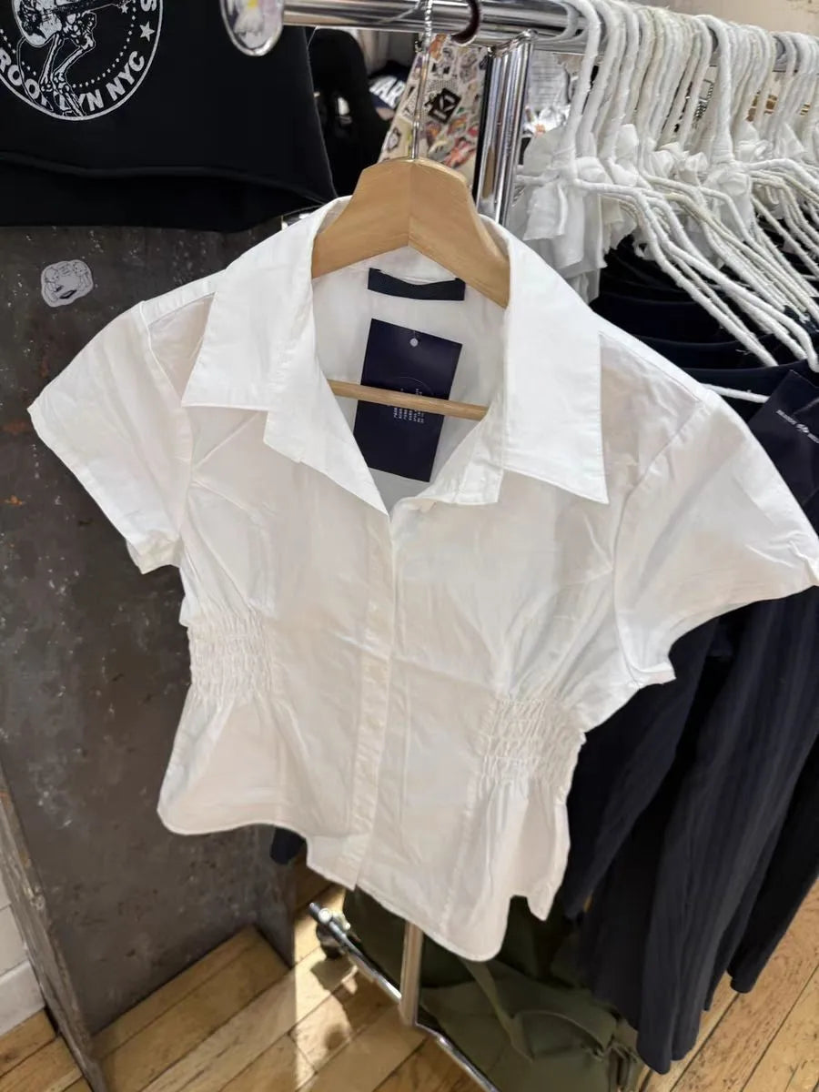 White Elastic Waist Slim T-shirt Blouse Woman Summer Turn Down Collar Short Sleeve Shirts Female Casual Simple Preppy Style Tees