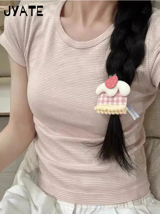 Sweet Pink Striped O-neck Cropped Tee Women Summer Cotton Soft New Casual Short Sleeve Tops Cute Vintage Streetwear T-shirts Y2K