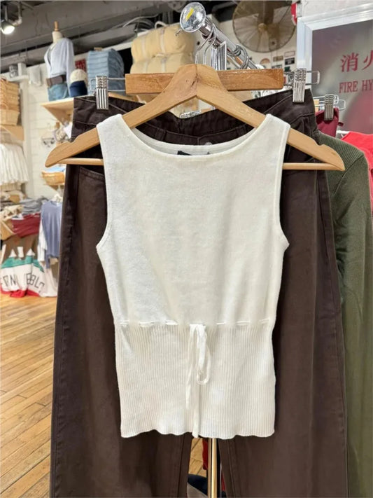 White Drawstring Knitted Tank Tops Women New Simple Slim Cotton Buttons High Waist O-neck Camisole Sweet Cute Preppy Style Vests