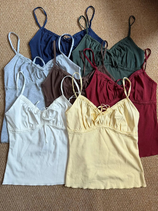 Solid Lace-up V-neck Tank Tops Women Summer Casual Lace Trim Cotton Slim Sleeveless Vests Cute Sweet Preppy Style Camisole Y2K