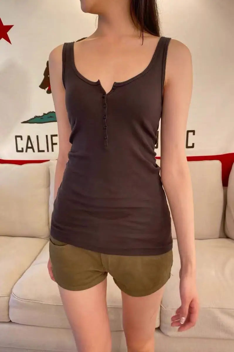 Royal Blue Six Buttons Tank Top Women Simple Casual U Collar Sleeveless Slim Cotton Vest Streetwear All-match Basic Tops Y2k