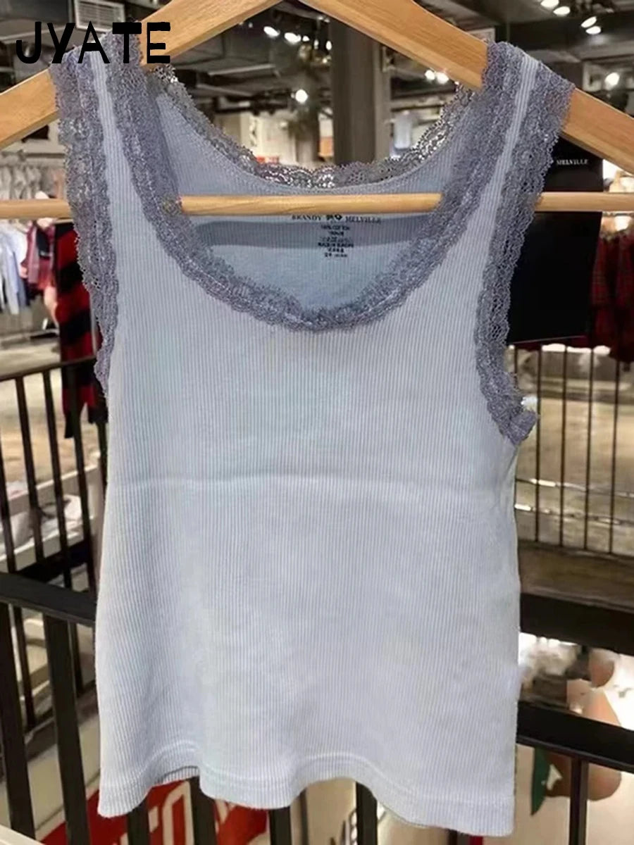 New Sweet Blue Lace Trim Tank Tops Women Summer Cotton Slim Sexy Simple Sleeveless Vests Harajuku Vintage Cute Camis Y2K Clothes