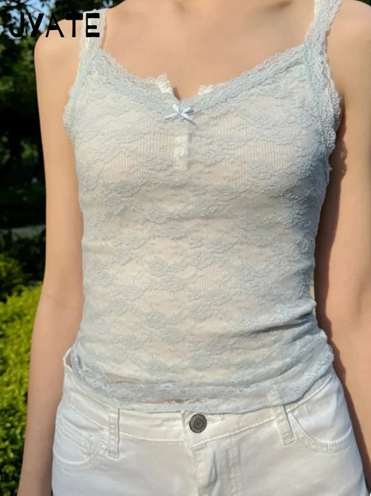 Blue Jacquard Sexy Sheer Tank Tops Women Summer New Streetwear Slim V-neck Bow Thin Sleeveless Vest Sweet Mesh Chic Camisole Y2K