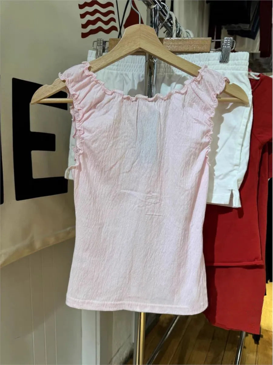 Cute Pink Fungus Trim Slim Tank Tops Women Summer Sleeveless Sexy Bow V-neck Cotton Crop Top Femme Simple Sweet Cute Vests Y2K