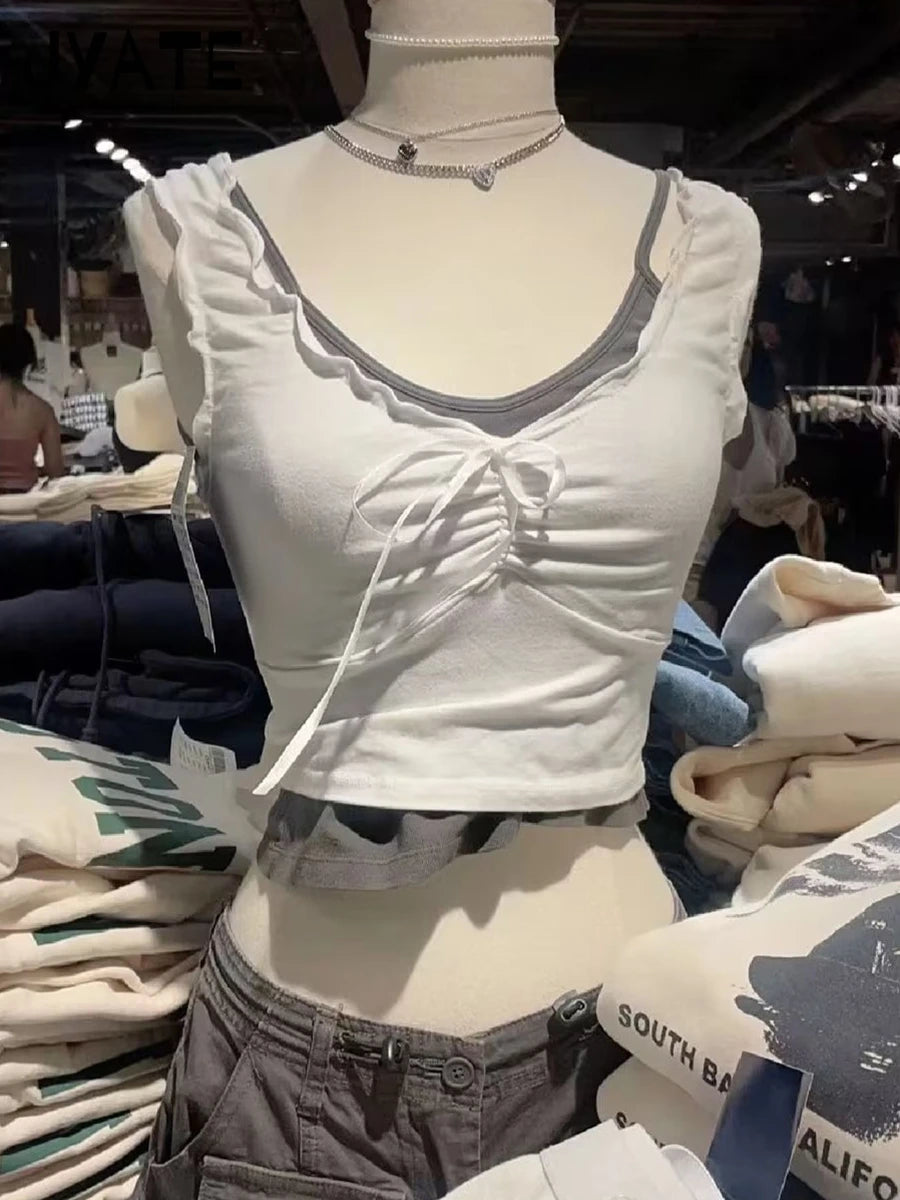 White Ruffles V-neck Cotton Soft Crop Tops Women New Casual Slim Preppy Style Sleeveless Camis Sweet Cute Vintage Tank Top Y2K