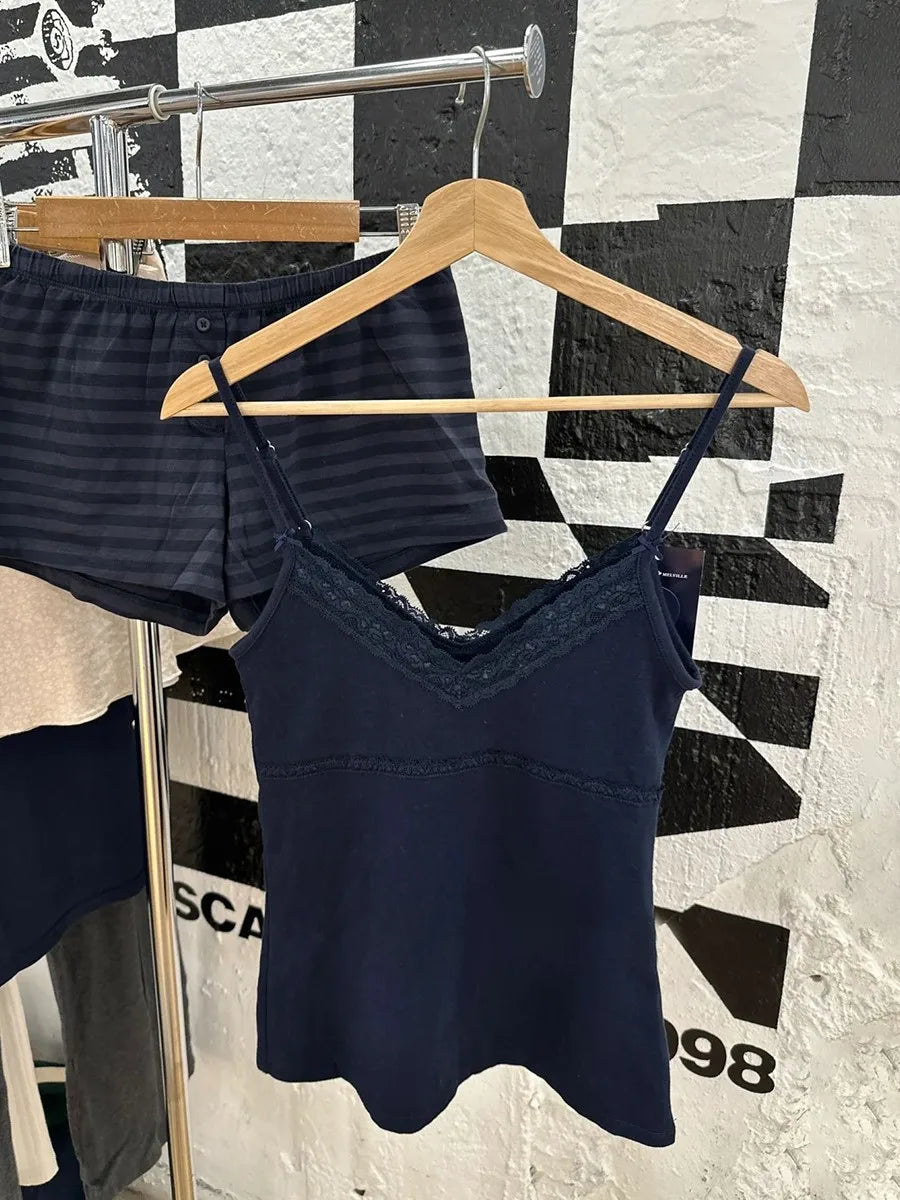 Vintage Navy Lace Trim Slim Tank Tops Women Casual Bow V-Neck Sleeveless Cotton Cropped Vest Sweet Chic Streetwear Crop Top Y2K
