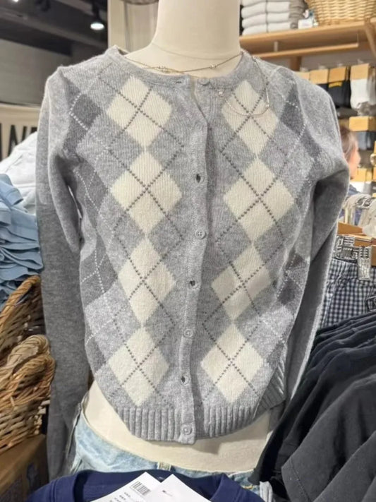 Diamond Jacquard Button Sweater Coat Women Autumn New Slim Cotton O-neck Casual Jumper Tops Sweet Chic Preppy Style Cardigan