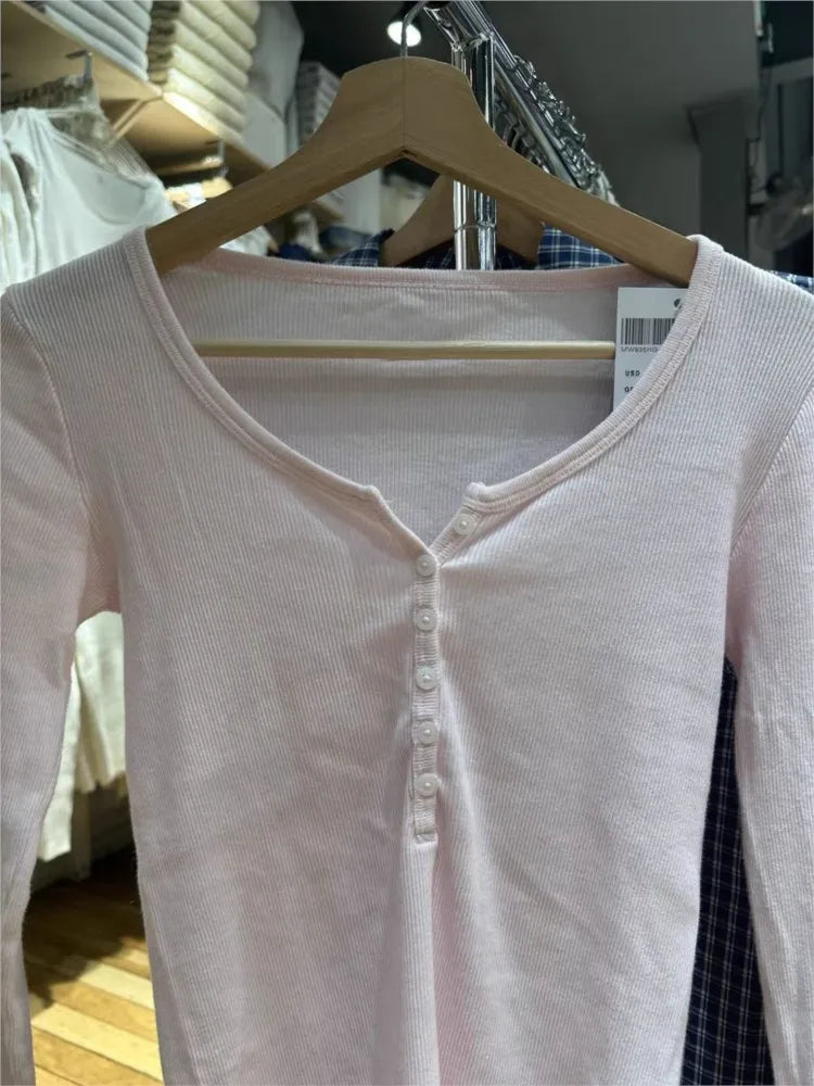 Sweet Pink Six Buttons Ribbed Long Sleeve T-shirts Women Spring Round Neck Cotton Slim Tee Top Female Cute Tshirt Y2k Tops New