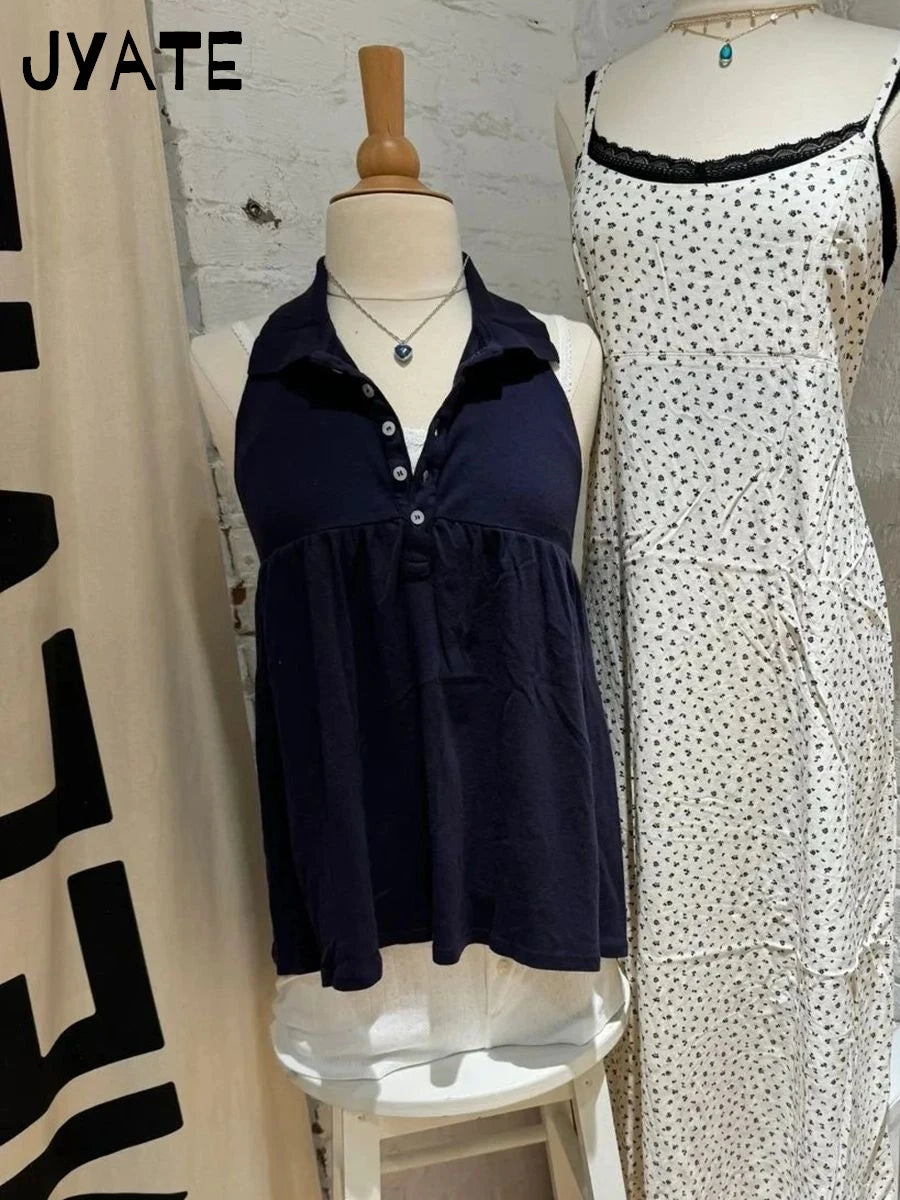 American Sexy Backless Navy Tank Tops Women Summer Bottons Cotton Halter Sleeveless Vests Vintage Preppy Style Y2K Camisole New