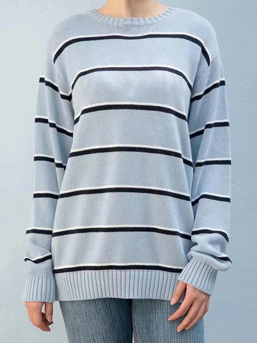 Striped Thick Knitted Jumpers Women Autumn O-neck Fashion Casual Streetwear Loose Pullovers Tops Chic Vintage Sweet Y2K Sweaters