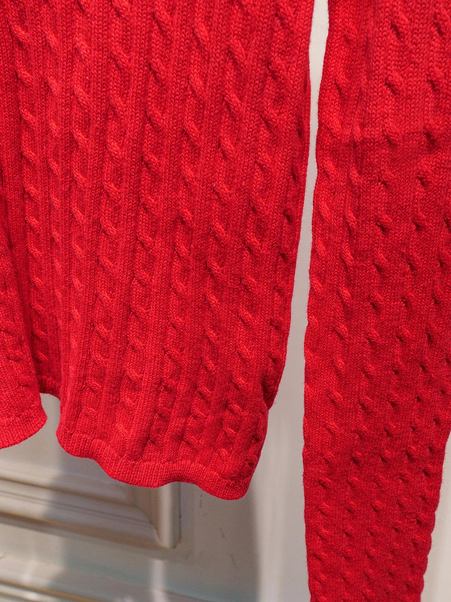 Red Twist flower Sweater Cardigan Women Autumn Casua; Single Breasted Long Sleeve Slim Knitted Coat Simple Crop Top Jumper Y2K