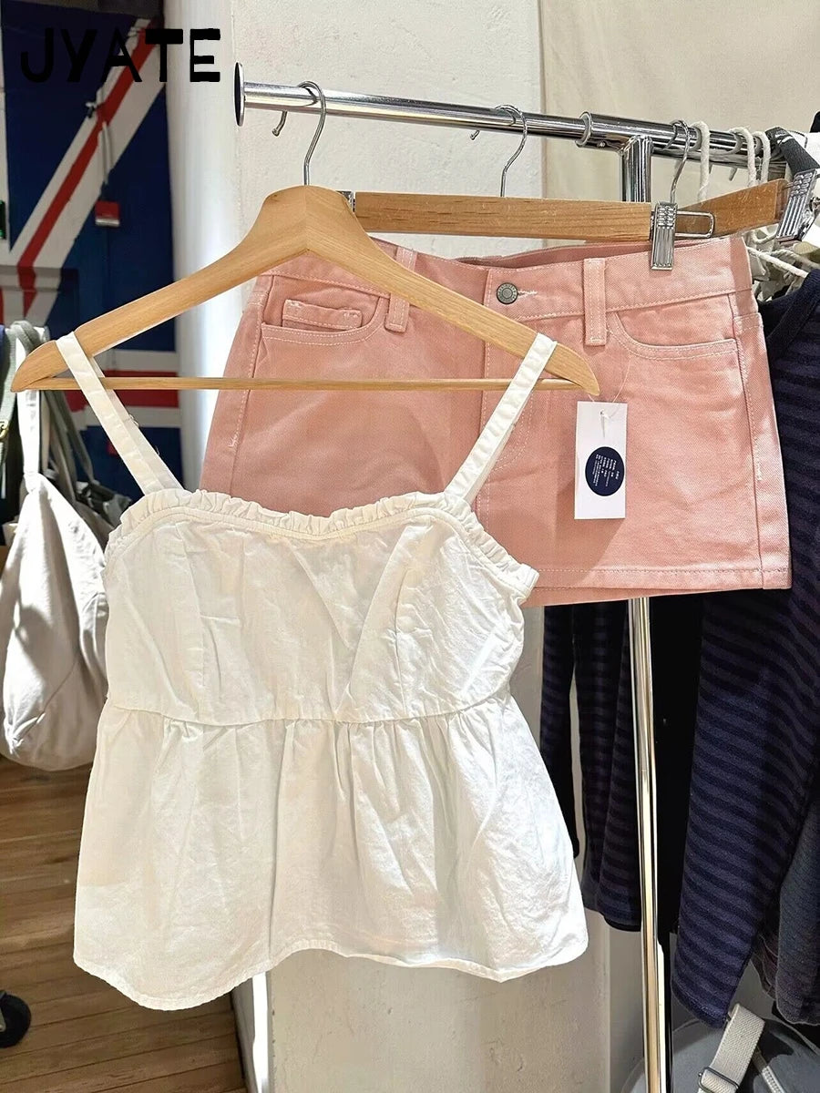 Sweet White Square Neck Camisole Women 2024 Summer New Streetwear Simple Ruffles Sleeveless Vests Cute Preppy Style Tank Top Y2K