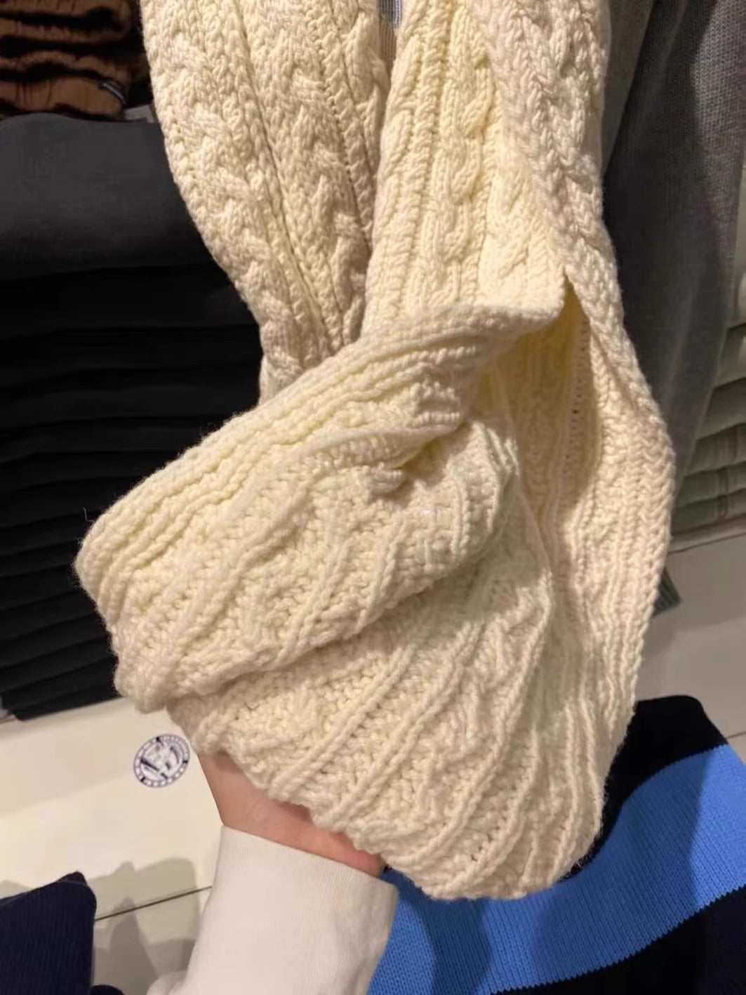 New Beige Tassel Twisted Flower Knitted Scarf Women Autumn Winter Unisex Thick Warm Solid Color Long Scarves Sweet Tassels Scarf