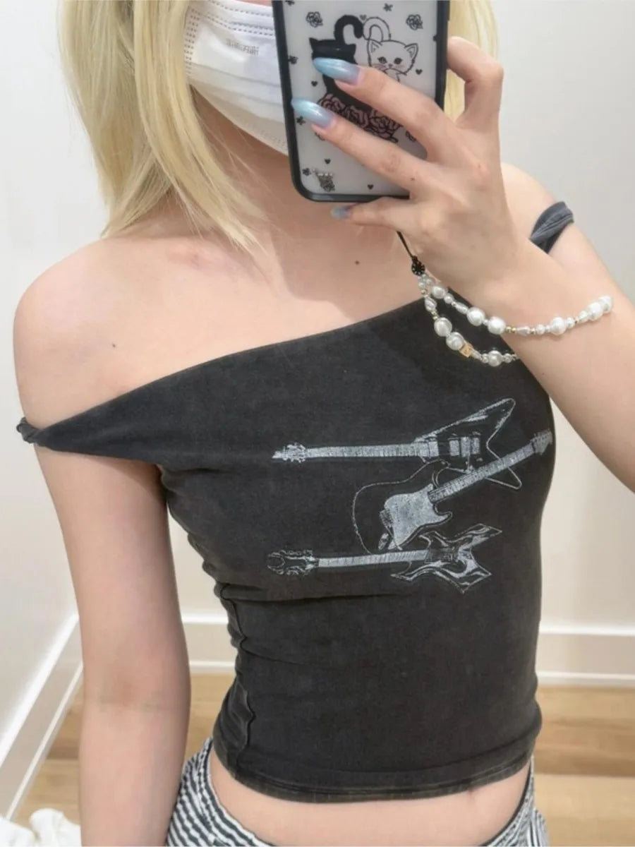 Harajuku Guitar Print Slim T-shirts Women Summer Roll Hem Sexy Slash Neck Cotton Tee Tops Vintage Streetwear Y2K Crop Tops New