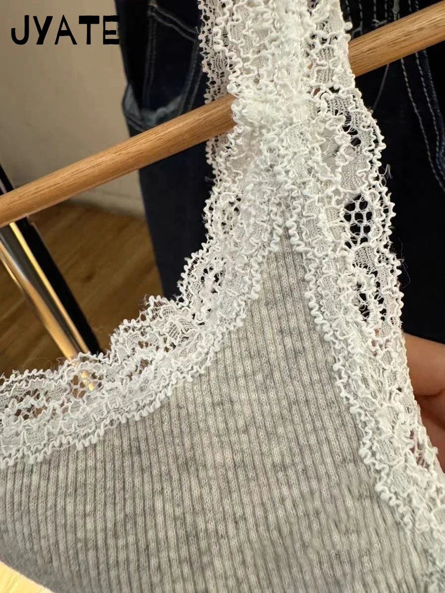 New Lace Trim Gray Ribbed Cotton Tank Tops Women Summer Sexy Slim Roll Hem Sleeveless Vests Sweet Cute Vintage Basic Camis Y2K