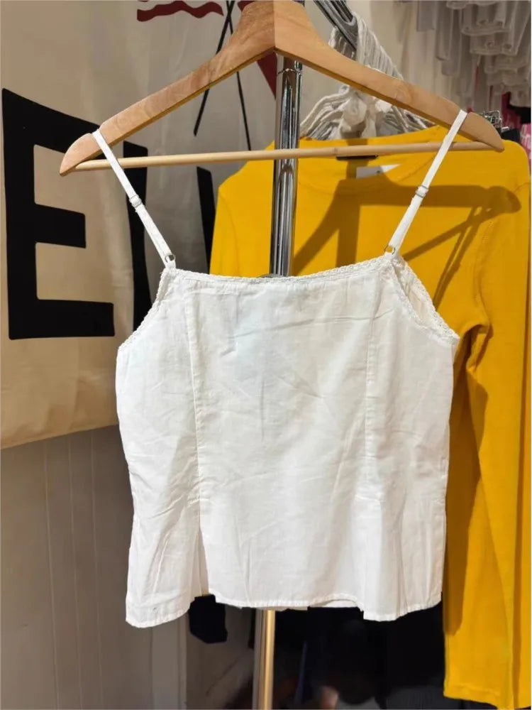 New White Folds Lace Trim Tank Top for Woman Summer Simple Single Breasted Slim Camisole Female Sweet Preppy Style Vest Y2k Tops