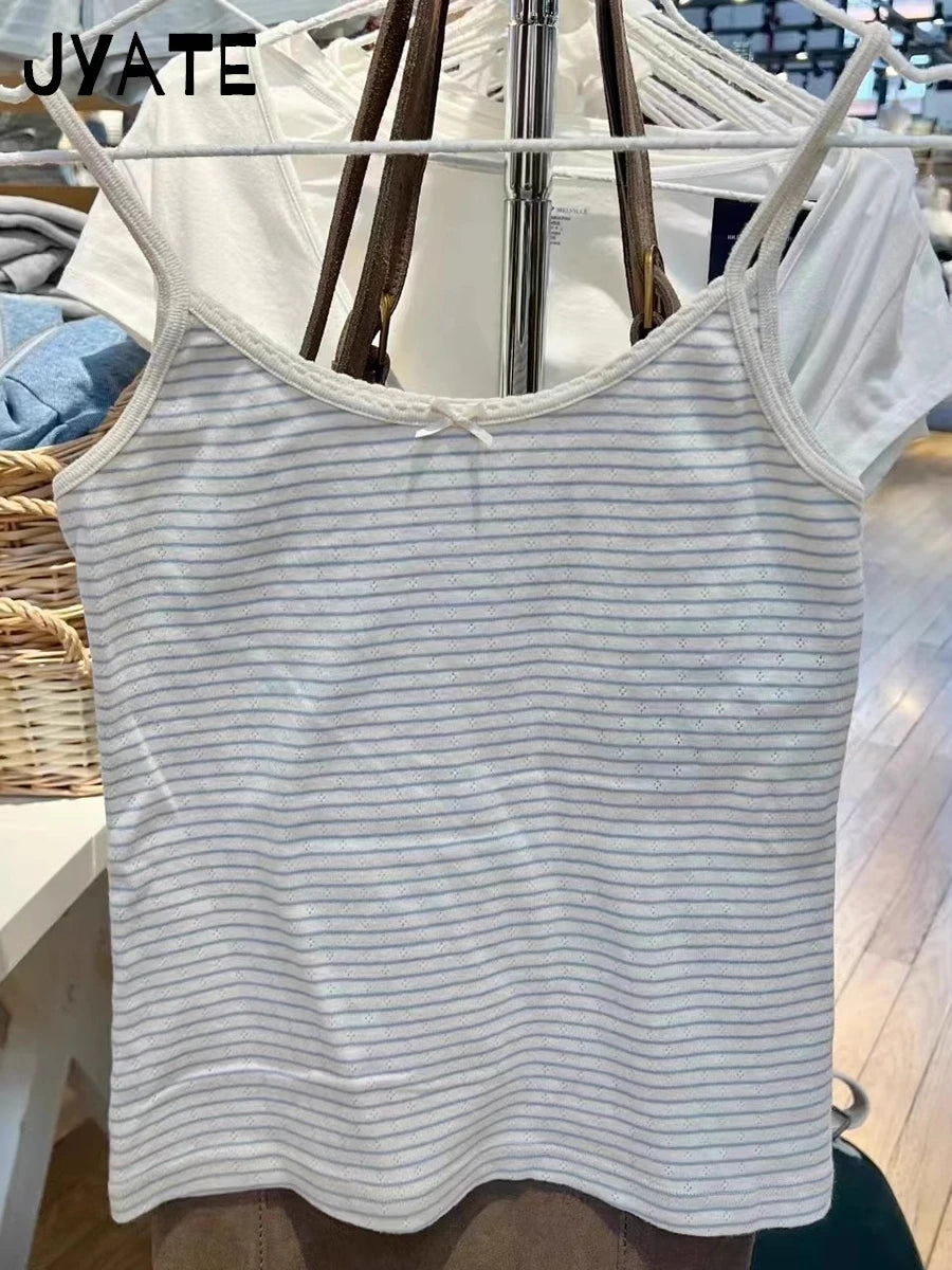 American Blue Striped Hollow Out Tank Tops Women Summer New Cotton Bow Lace Trim Sleeveless Vests Sweet Cute Vintage Camis Y2K