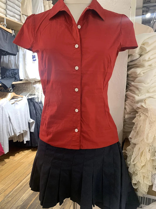 Retro Red Buttons Blouse Women Summer New Streetwear Lapel Short Sleeve Tees Sweet Vintage Cute Preppy Style T-shirts Y2K Tops