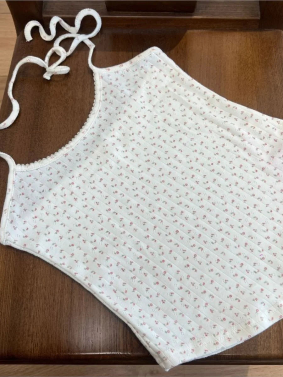 Floral Eyelet V-neck Halter Tank Tops Women Summer New Casual Sexy V-neck Slim Camisole Female Sweet Preppy Style Cute Crop Top