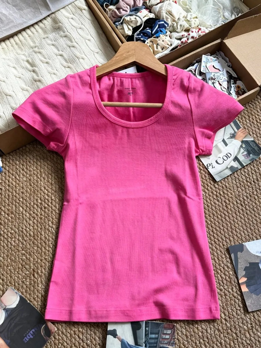 Light Blue Slim Basic T-shirts Woman Summer O-neck Short Sleeve Cotton Tee Shirts Solid Simple Casual All-match Tshirt Tops