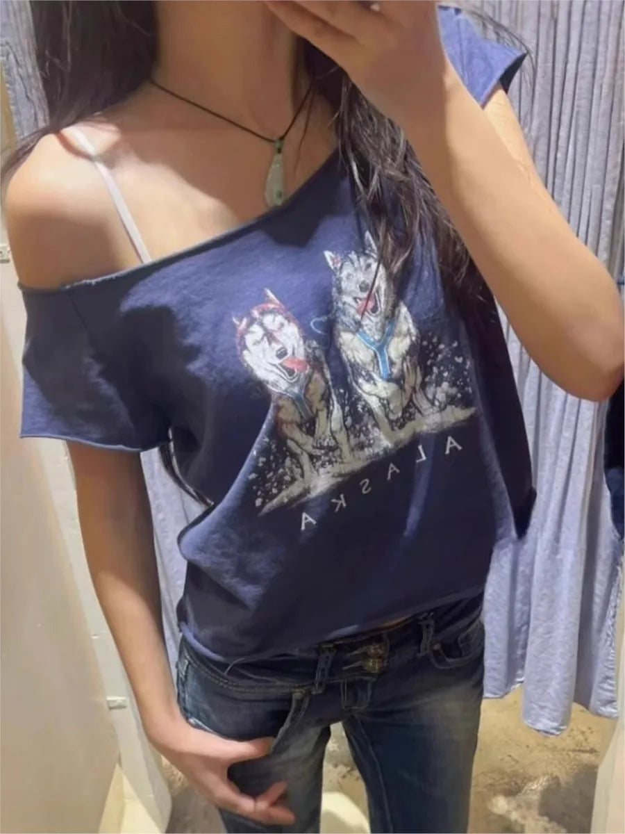 Alaska Puppy Print Cotton T-Shirts Women Sexy Slash Neck Raw Trim Short Sleeve Cropped Tees Shirt Cute Sweet Vintage Crop Tops