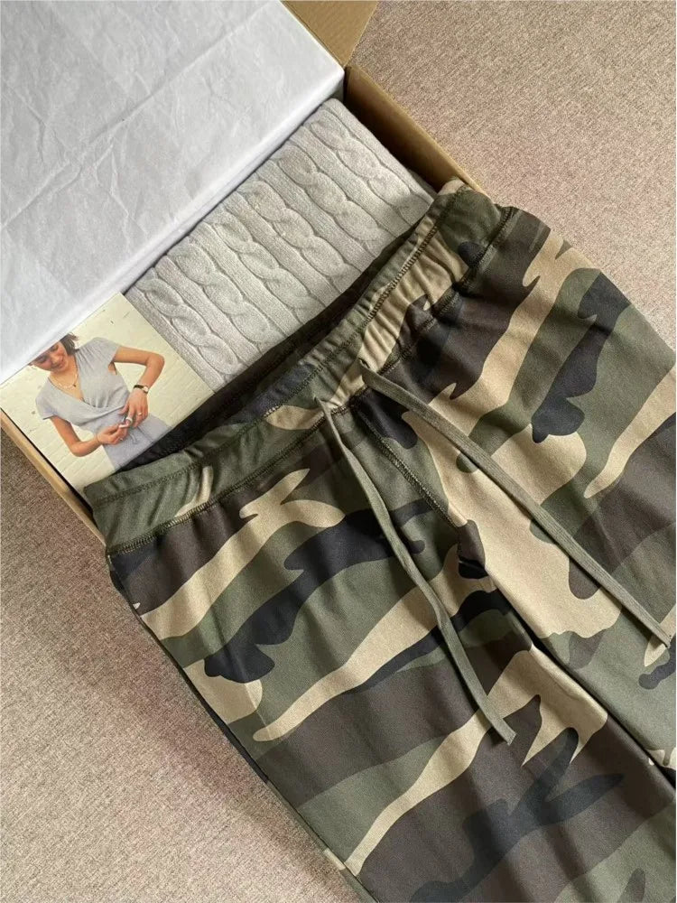 Camouflage Drawstring Joggers Sweatpants Women Streetwear Casual High Waist Wide Leg Pants Vintage Preppy Style Loose Trousers